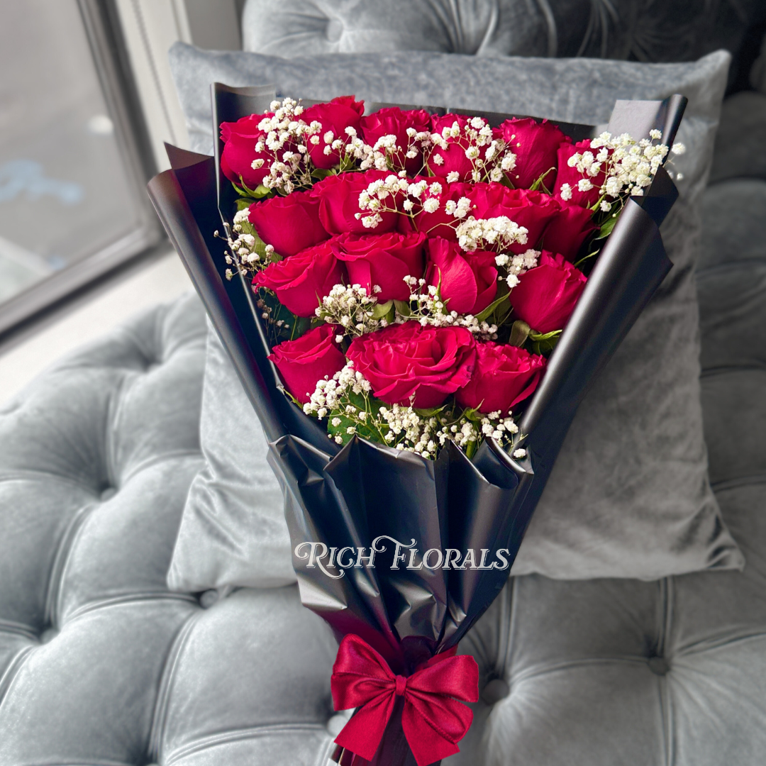 18 count rose bouquet with baby's breath by Rich Florals, Woodbridge NJ