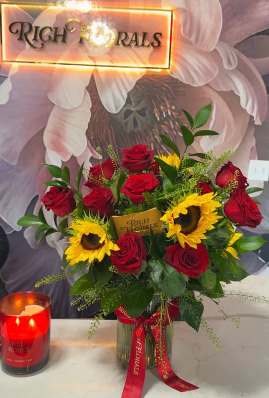Crimson Sun vase arrangement with red roses and yellow sunflowers by Rich Florals, Woodbridge NJ