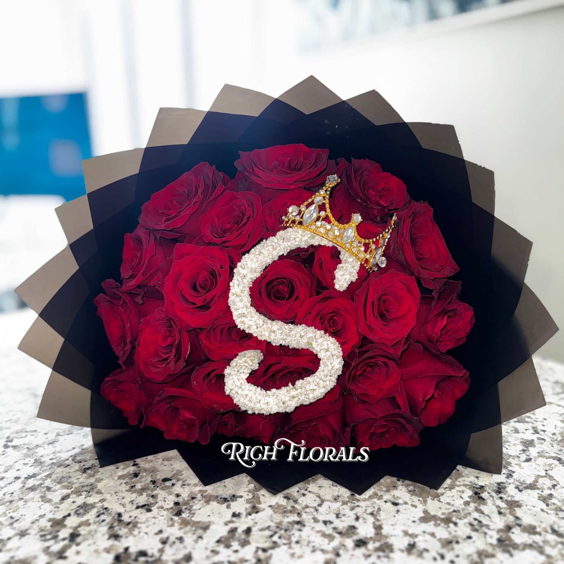Crown Me rose bouquet with custom initial and gold crown by Rich Florals, Woodbridge NJ