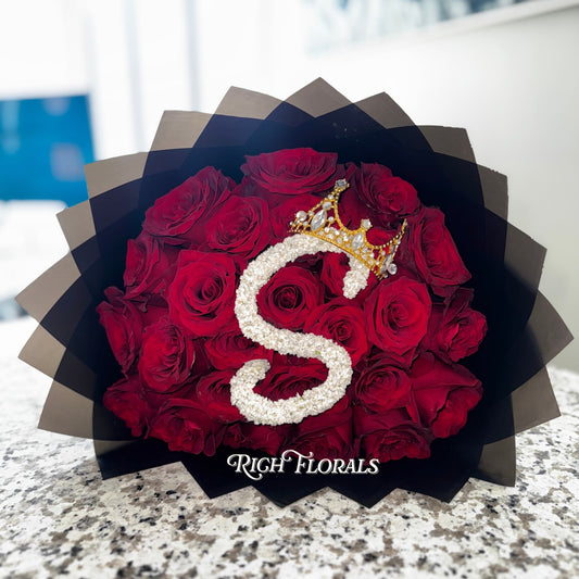 Crown Me rose bouquet with custom initial and gold crown by Rich Florals, Woodbridge NJ