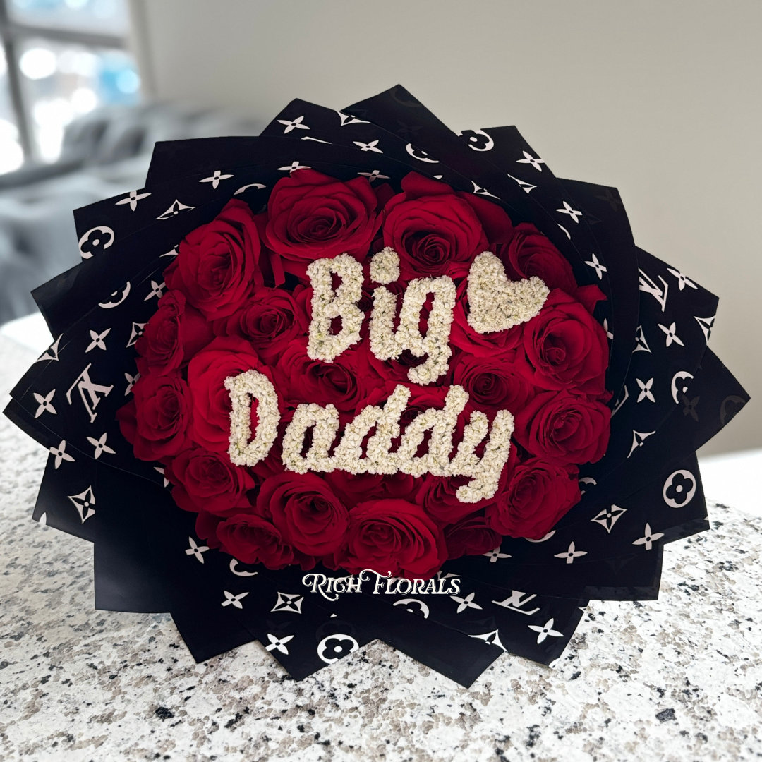 Big Daddy mens rose bouquet with baby's breath lettering by Rich Florals, Woodbridge NJ