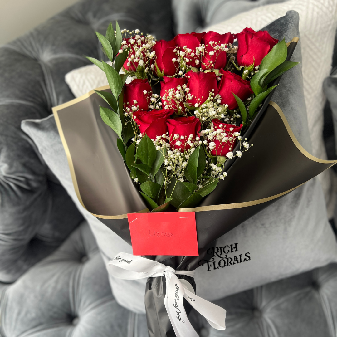 Dozen roses bouquet with baby's breath by Rich Florals, Woodbridge NJ