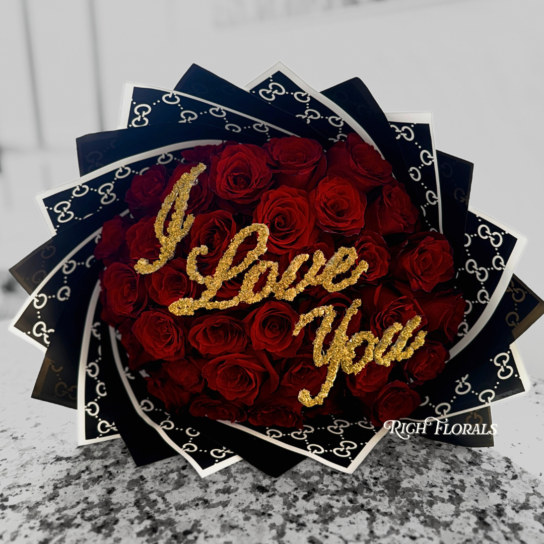I Love You rose bouquet with gold baby's breath by Rich Florals, Woodbridge NJ