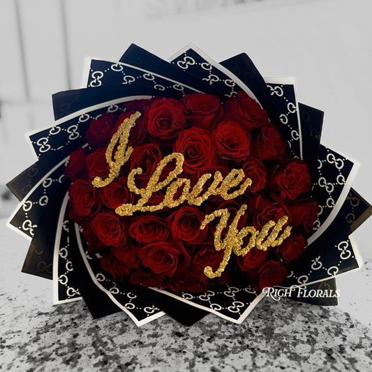 I Love You rose bouquet with gold baby's breath by Rich Florals, Woodbridge NJ