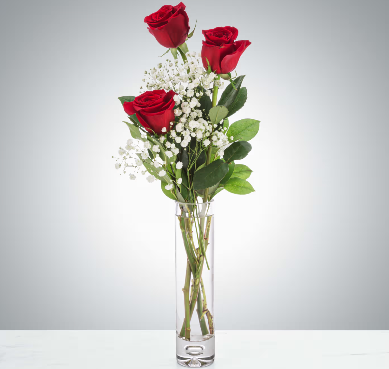 Thinking of You Trio three-rose vase arrangement with baby's breath by Rich Florals, Woodbridge NJ