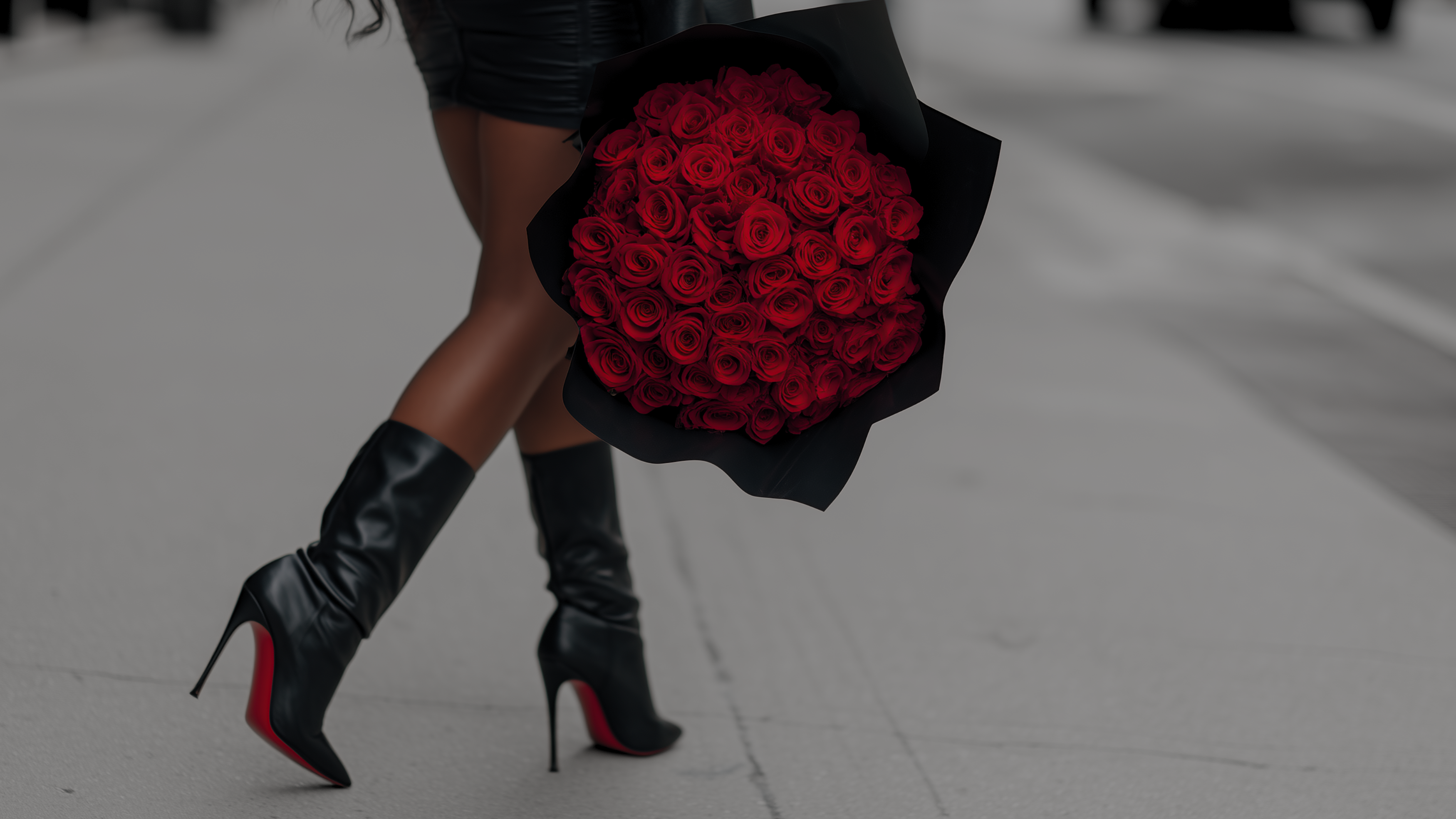 woman holding a large bouquet of red roses on a blurred street background rich florals nj